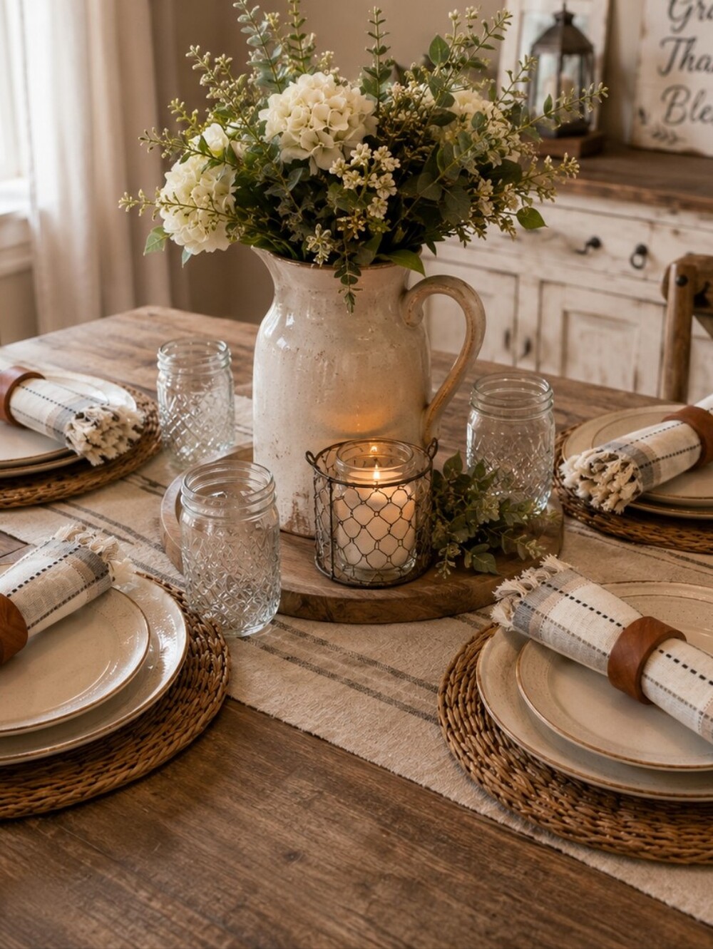 Better Homes & Gardens 4 Cloth Napkins & 4 Wood Napkin Rings Tan Gray Cream Set